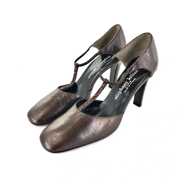 Stephane Kelian Bronze Leather Beaded T-Strap Heels - Picture 4 of 13